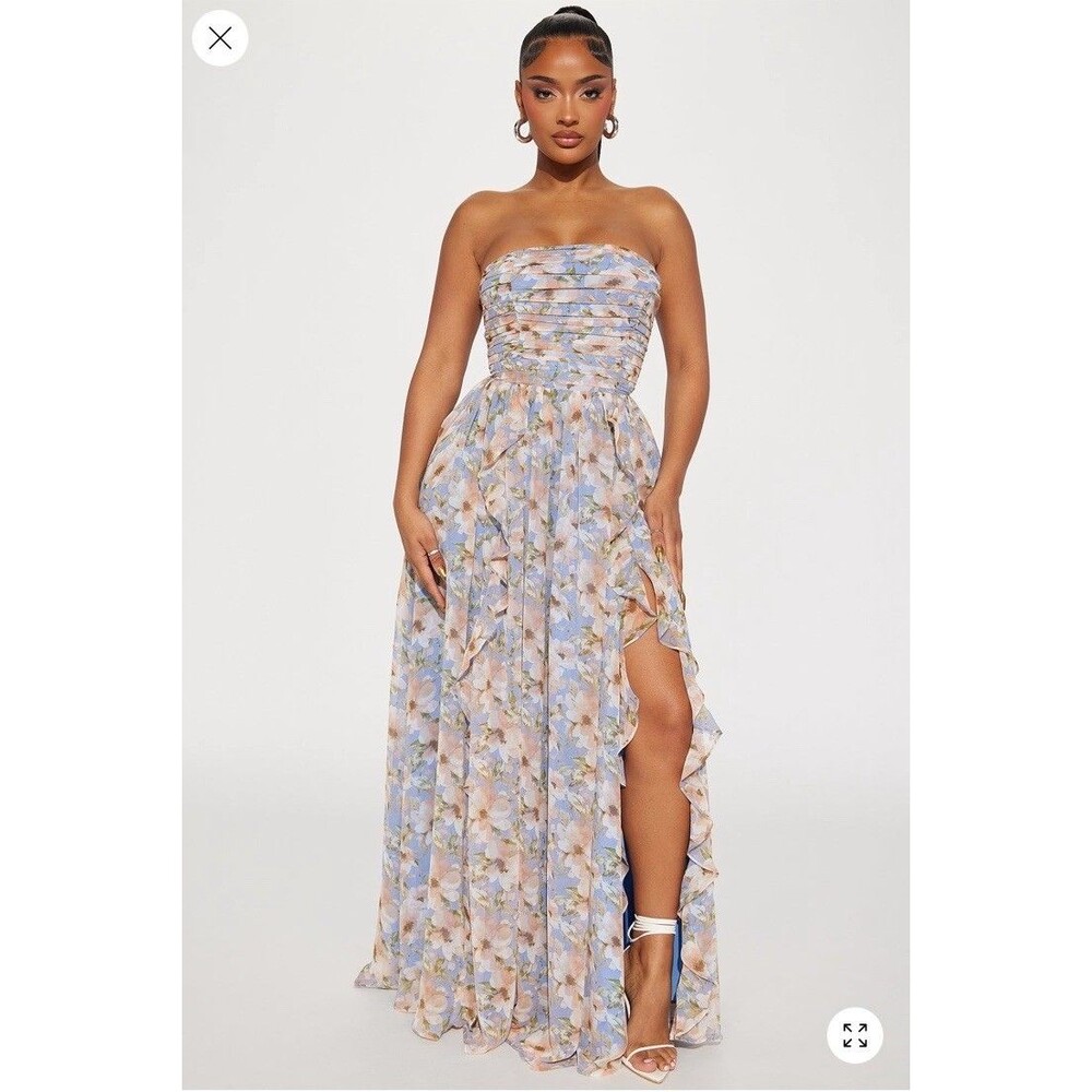 Sofia Chiffon Maxi Dress Size XL Floral Strapless Side Slit NWT